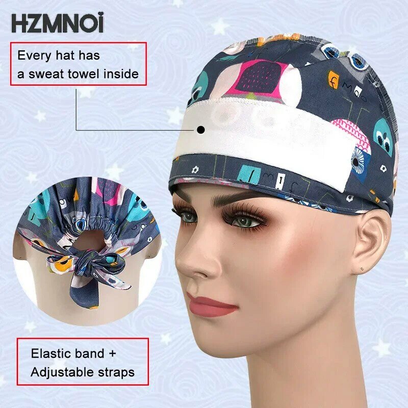 Green Check Print Surgery Cap Women Cotton Breathable Operating Room Cap Lab Works Hat Men and Women Nurse Accessories