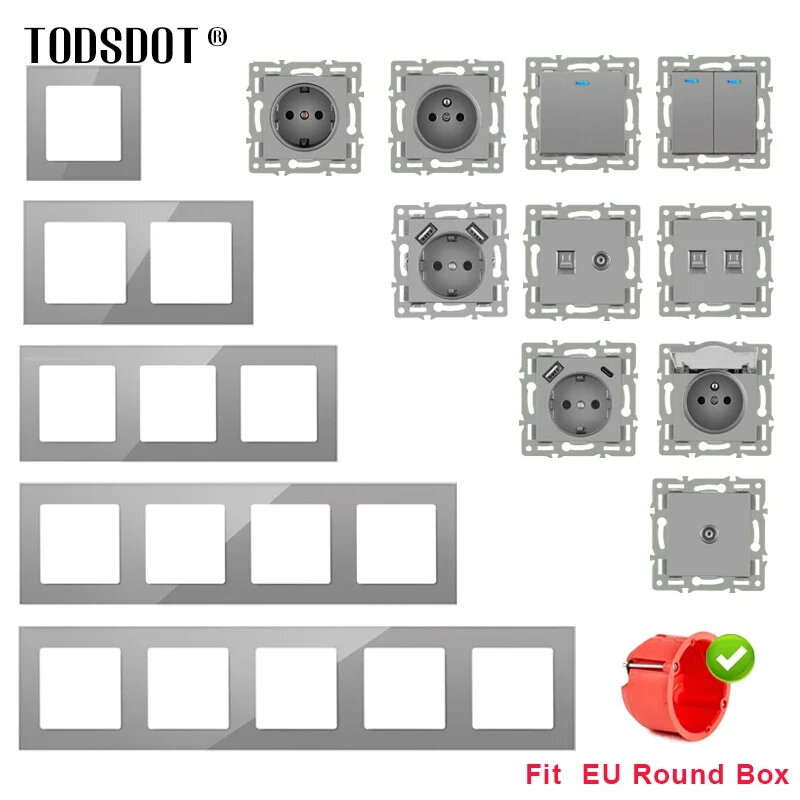 TODSDOT EU Standard DIY Wall-Mount Module Power Socket Vertical Grey Glass Panel Switch Button Function Free Combination