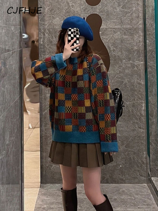 CJFHJE Retro Harajuku Japan Plaid Sweater Women Streetwear Loose Knitted Tops Casual Loose O Neck Long Sleeve Bf Simple Pullover
