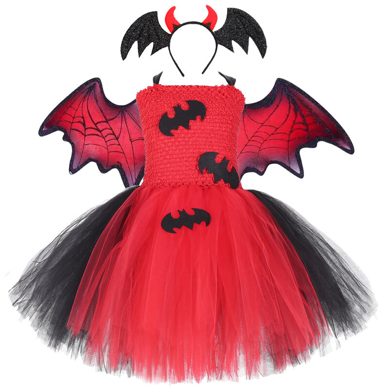 Vampire Bat Halloween Costumes for Girs Kids Carnival Party Fancy Tutu Dress with Wings Bow Children Ghost Witch Cosplay Outfit