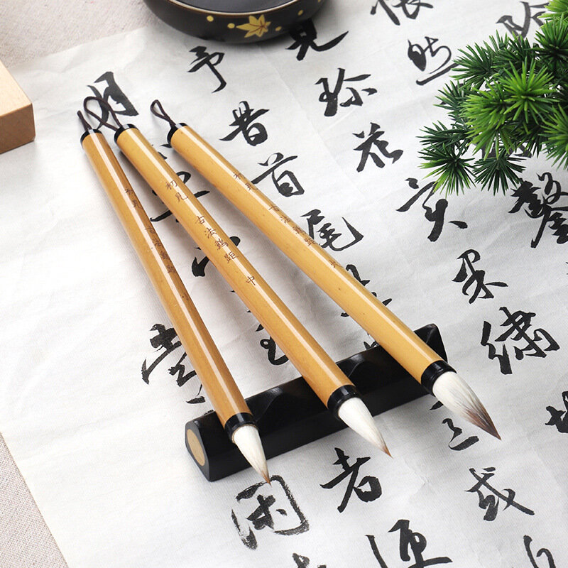 3 Buah Set Kuas Cat Kaligrafi Tradisional Tiongkok Kuas Lukis Rambut Wol Bambu Kuas Menulis Cat Air Seni Lukis Siswa