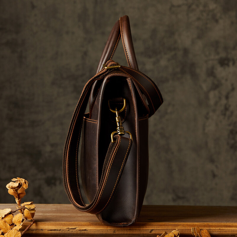 Retro Crazy Horse Leather Handbag For Men Handmade Vintage Genuine Leather Shoulder Bag Cowhide Cross body Bag Laptop Briefcase