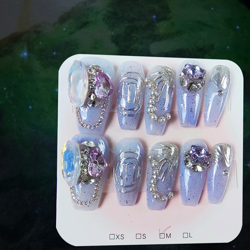 偽のネイル、卵形、ダイヤモンド、スノーフレーク、ダイヤモンド、手作りのアクリルネイル用の紫色のキラキラ金属接着剤