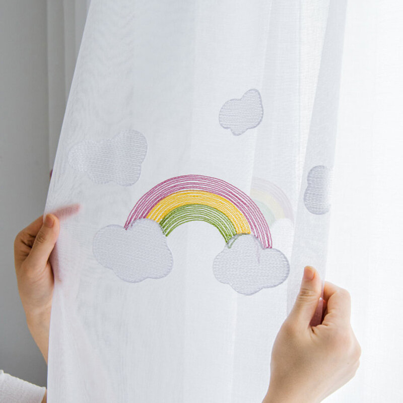 Korean Embroidered White Cloud and Rainbow Sheer Window Bedroom Curtains Cotton Flax Panels Tulle Voile for Living room #5
