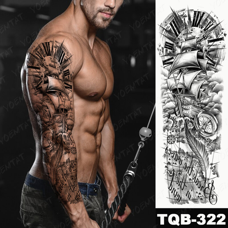 Tatuaje de manga grande para brazo, pegatina de tatuaje temporal a prueba de agua, León, corona, Rey, rosa, lobo salvaje, Tigre, hombres, tótem de calavera completa, tatuaje falso