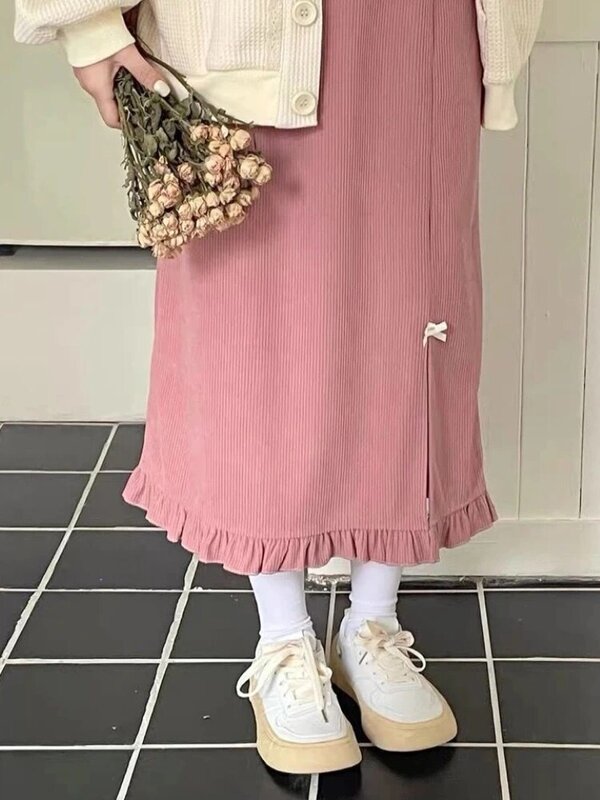HOUZHOU Kawaii Pink Corduroy Long Skirt Women Japanese Fashion Cute High Waist Split Bow Straight Midi Skirt for Girls Autumn