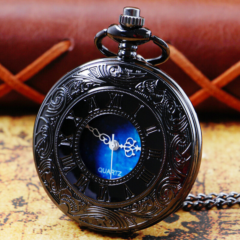 Relógio de bolso de quartzo com estrela e lua colar azul céu estrelado, corrente FOB, arte steampunk, nova moda