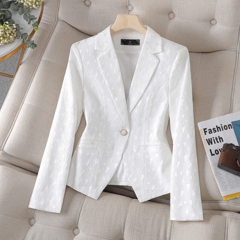 Women Casual Single Button Slim Long Sleeve White Short Blazer Temperament Jacket Office Ladies Work Wear Blazer New Autumn Coat