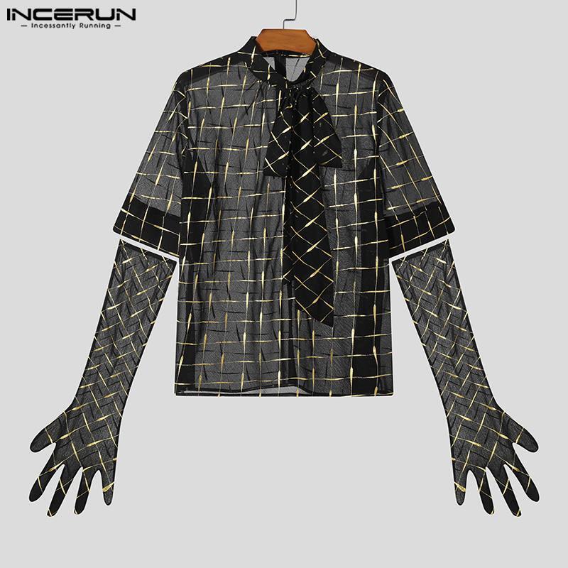2024 Men Shirt Printing Stand Collar Half Sleeve Gloves Chiffon Streetwear Casual Men Clothing Transparent Camisas S-5XL INCERUN