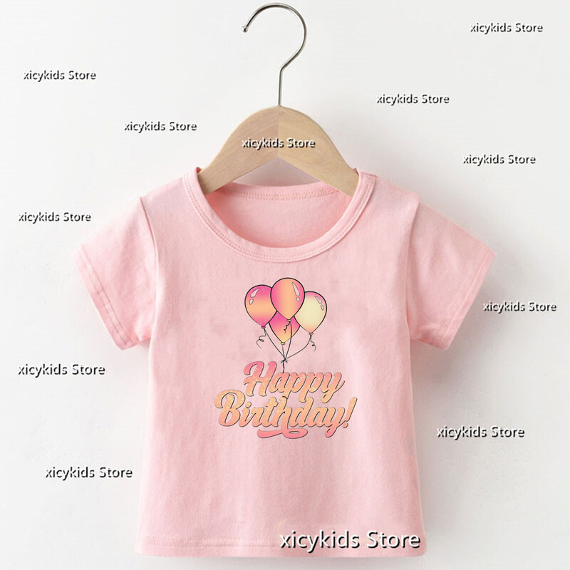 소년소녀 생일 풍선 프린트 티셔츠, 귀여운 생일 선물, 범용 의류
