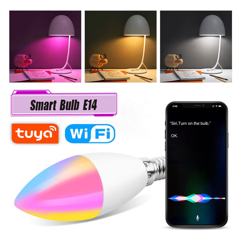 Tuya WiFi Bohlam Lampu Pintar E14 RGBCW Lampu LED Dapat Diredupkan Bohlam Ajaib Kontrol Suara 7W Lilin Bekerja dengan Alexa Google Home Assistant