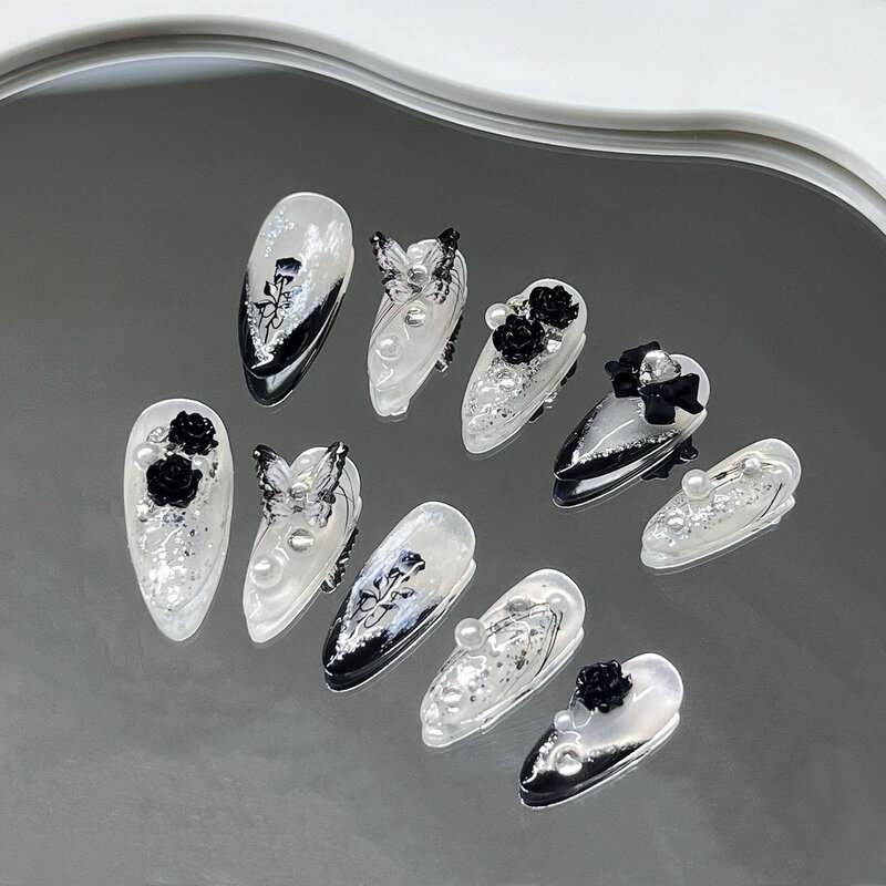 10 шт., накладные ногти ручной работы, черные французские накладные ногти с 3D розами, дизайн для невесты и леди, носимые накладные ногти с полным покрытием