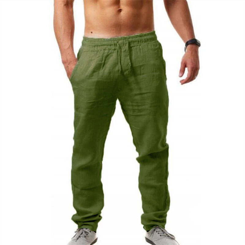 กางเกงฝ้ายลินินผู้ชายกางเกงผ้าลินินระบายอากาศสีทึบกางเกงออกกำลังกายเอวยางยืดลำลองสตรีทฮิปฮอป