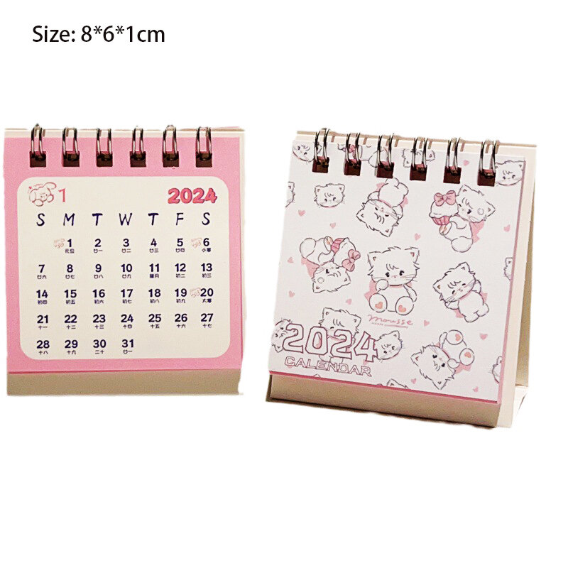 2024 Cartoon Roze Kat Mini-Bureaukalender Schattige Desktop Staande Flip Kalender Voor Schoolkantoor Maandelijkse Planning Dagelijks