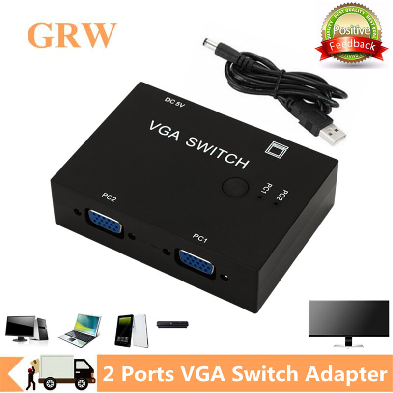 GRWIBEOU 2 In 1 Out VGA Switcher 2 Port VGA Switch Box for Consoles Set-top Boxes 2 Hosts Share 1 Display Notebook Projector