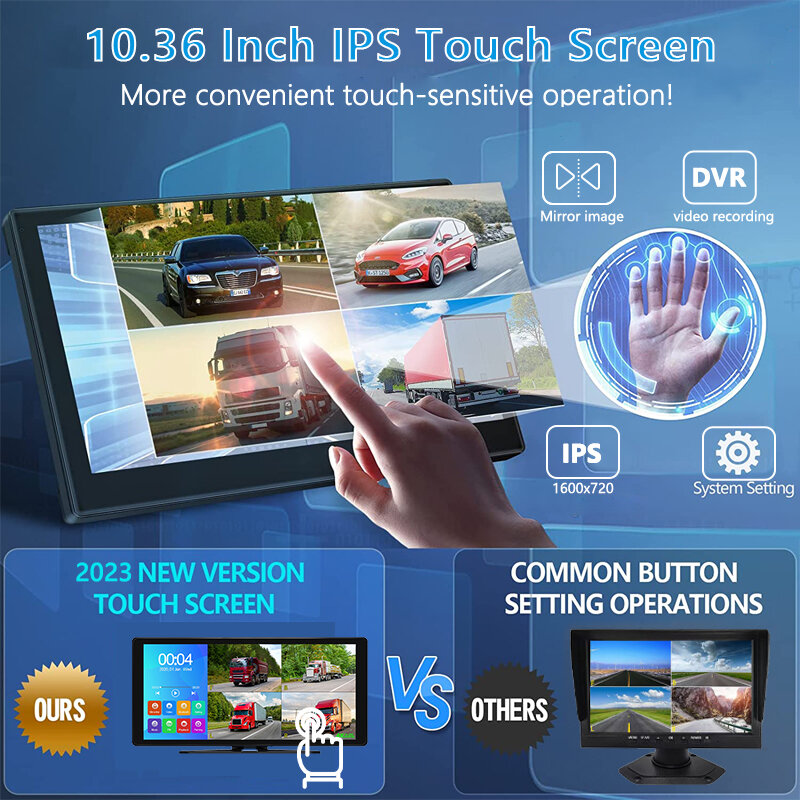 Monitor mobil layar sentuh 10.36 inci IPS, kamera pengawas 4CH AHD 1080P warna sistem kamera kendaraan malam, perekam Video parkir