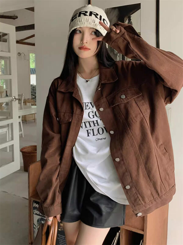 Retro Brown Denim Jacket For Female Students Spring And Autumn 2024 New Small Workwear Casual Top Vintage Jeans Coat K1023