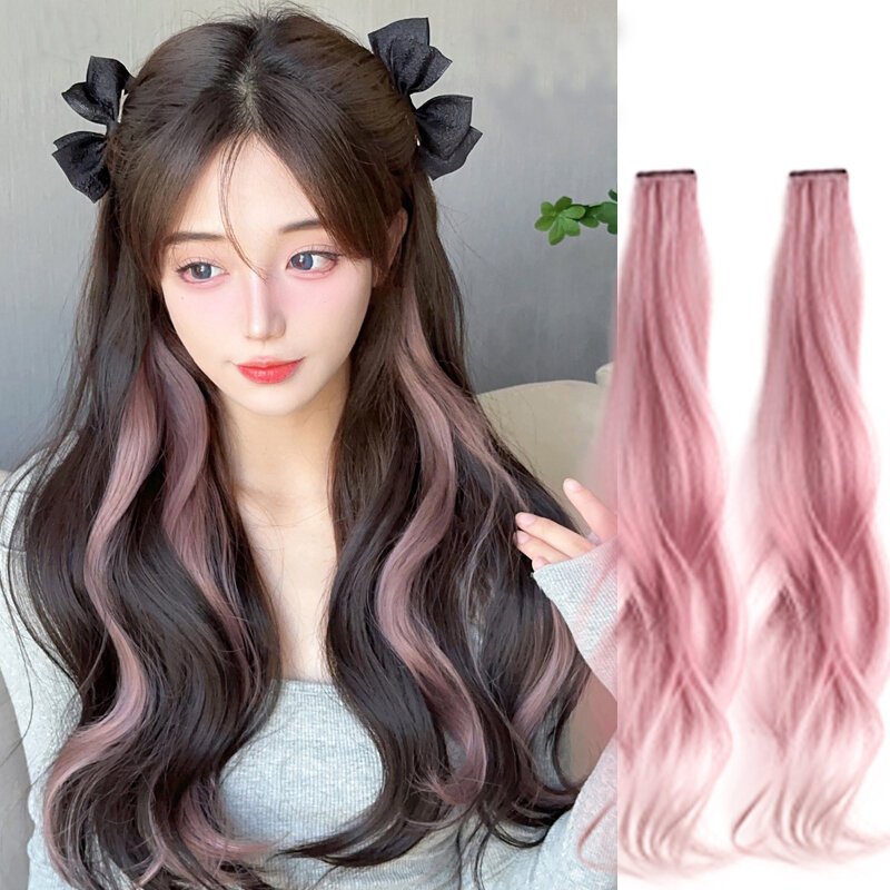 Long curly hair Color Hair Piece Hair Extensions Clip In Highlight Rainbow Hair Streak Pink Synthetic Hair Strands on Clips