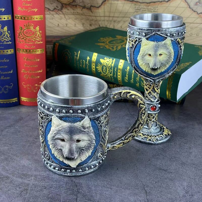 Medieval Mug Silver Silk Pattern Wine Cup 3D Gothic Sculpture Beer Mugs Brumate Goblet Resin Coffee Cup Stainless Steel Mugs