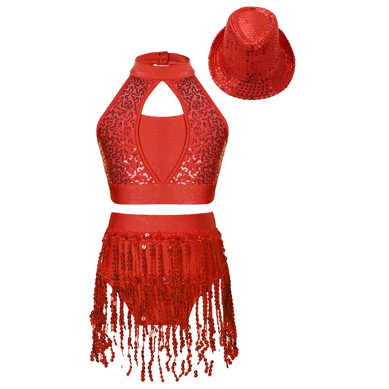 Kids Girls Latin Dance Hollow Front Keyhole Back Sequin Patchwork Crop Top with Sequins Tassel Briefs Hat for  Performance