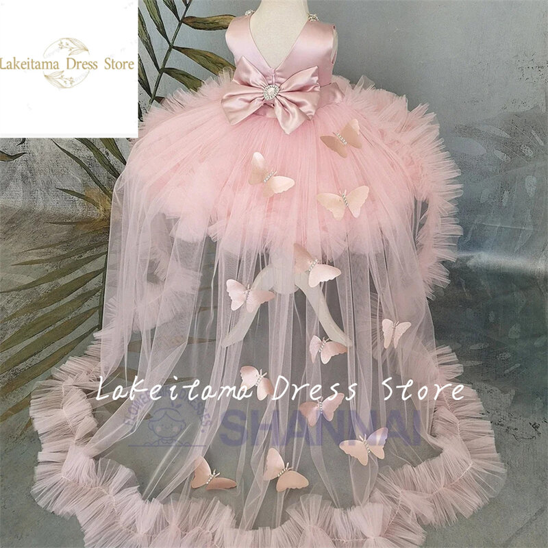 Wykwintne kwiaty Hi-Lo sukienki dla dziewczynek wesela kokardki aplikacje tiul krótki kimonowy rękaw dziecko księżniczka urodzinowe paradne suknia dla dziewczynek