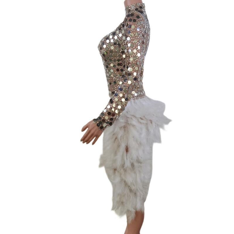 Lindo branco pena espumante lantejoulas vestidos de baile feminino irregular inferior vestido de noite elegante mini saia w2201022