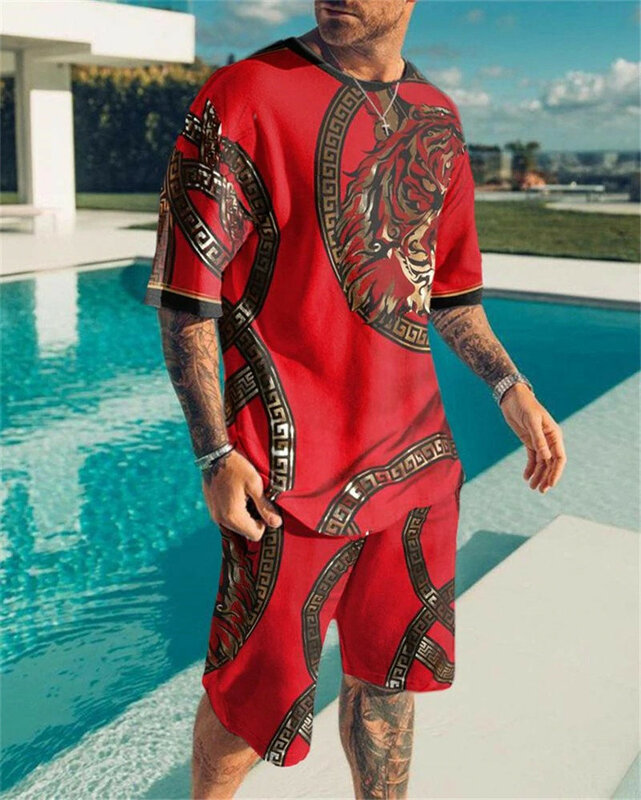 2022 New Summer Men's Suit Casual Fashion Printing T-shirt+Beach Shorts Set Men O-neck Tees 2-piece Set Asian small size S-5XL