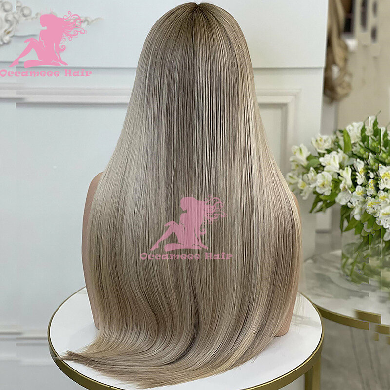 Perruque Lace Front Wig brésilienne naturelle, cheveux lisses, blond, 13x4, balayage, pre-plucked, Full 360, transparente, Swiss Lace
