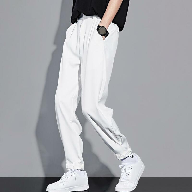 Calça de cintura elástica masculina, bolsos com faixas de tornozelo para treinamento de ginástica, leve, confortável, gelo