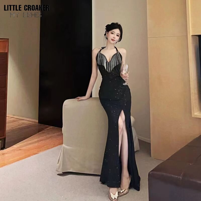 Spaghetti Strap nappa collo Backless Black Party Dress donna elegante abito lungo scintillante con spacco alto