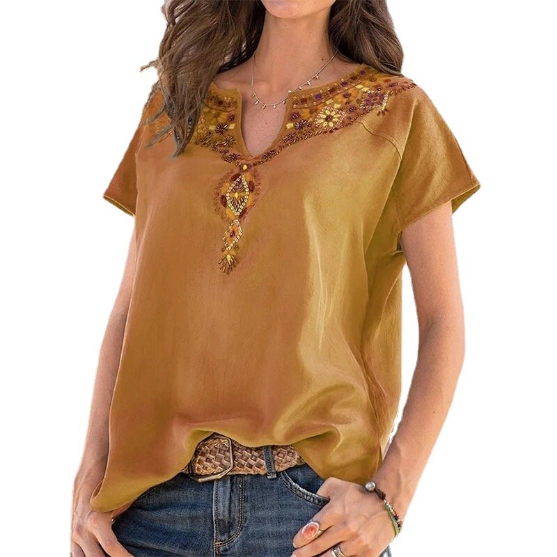Summer Women Clothing XS-5XL Fashion Loose Western Ethnic Style V-Neck Top Short Sleeve T-Shirts Neckline Printing All Match Top