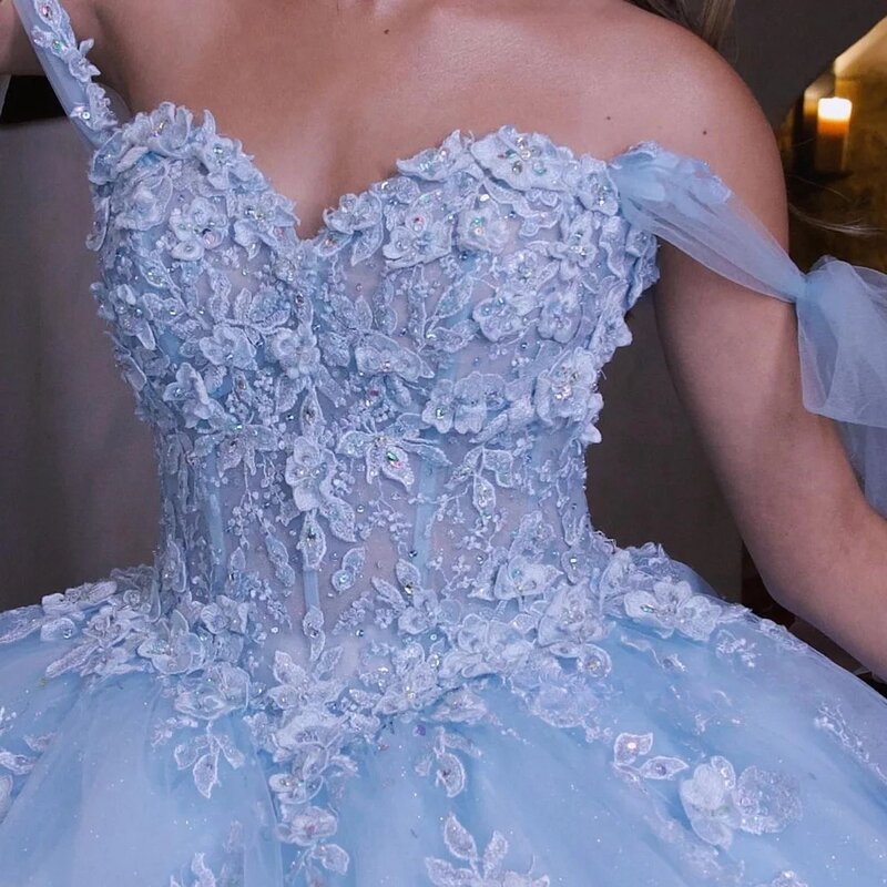 하늘색 프린세스 퀸시네라 드레스, 오프숄더 아플리케 볼 가운, 달콤한 16 드레스, 15 아뇨스 멕시코