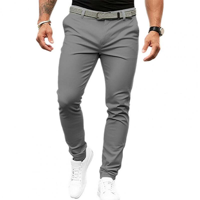 Calças de terno slim fit cor sólida masculina, bolsos inclinados de origem média, calças com zíper, vestuário de escritório empresarial