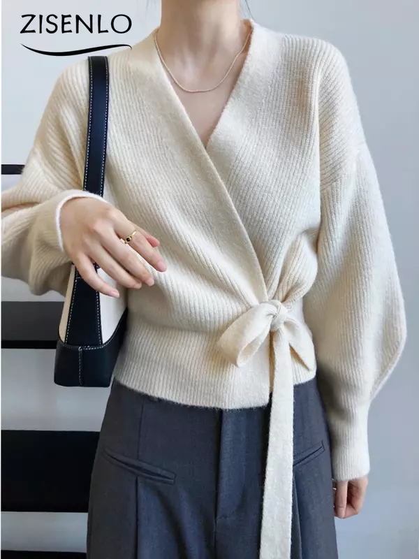 Women's Sweater Autumn New Vintage V-neck Lace-up Sweater Loose Knitted Cardigan Solid Color Sweater Jacket Oversized Cardigan