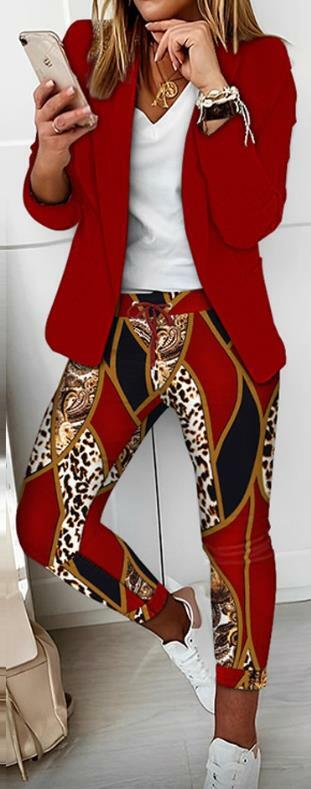Jaqueta e calças barroco com estampa de leopardo para mulheres, terno, gola xale, venda quente, moda casual, novo, spot, 2023