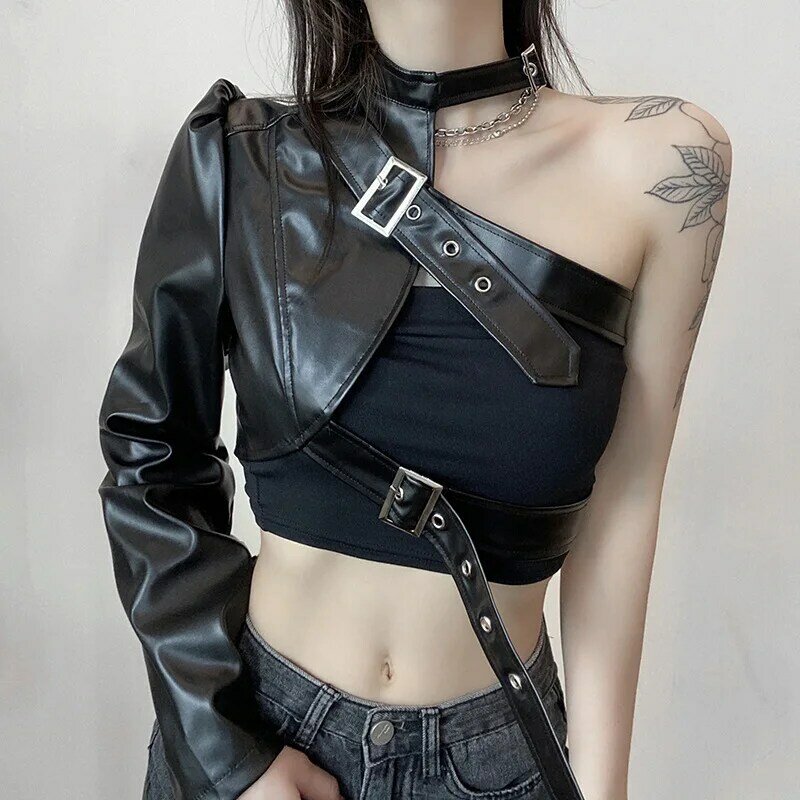 Women Fashion Handsome irregular metal buckle hanging neck PU leather single sided sleeve leather jacket