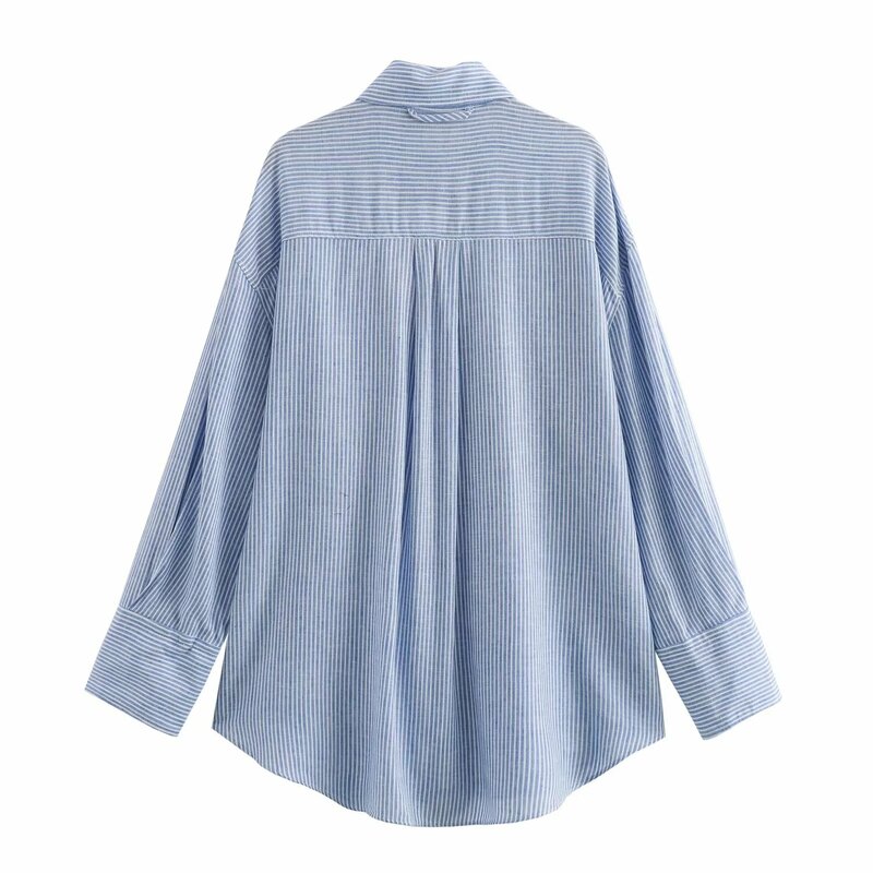 Camisa holgada a rayas con decoración de bolsillo para mujer, traje retro de manga larga con botones, top elegante y pantalones, nueva moda