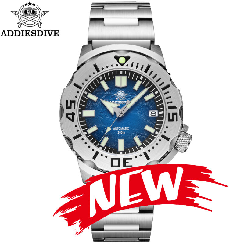 ADDIESDIVE-Men's Waterproof Synthetic Sapphire Diver Watch, Relógio Mecânico Automático, Novo, 20Bar, AD2047