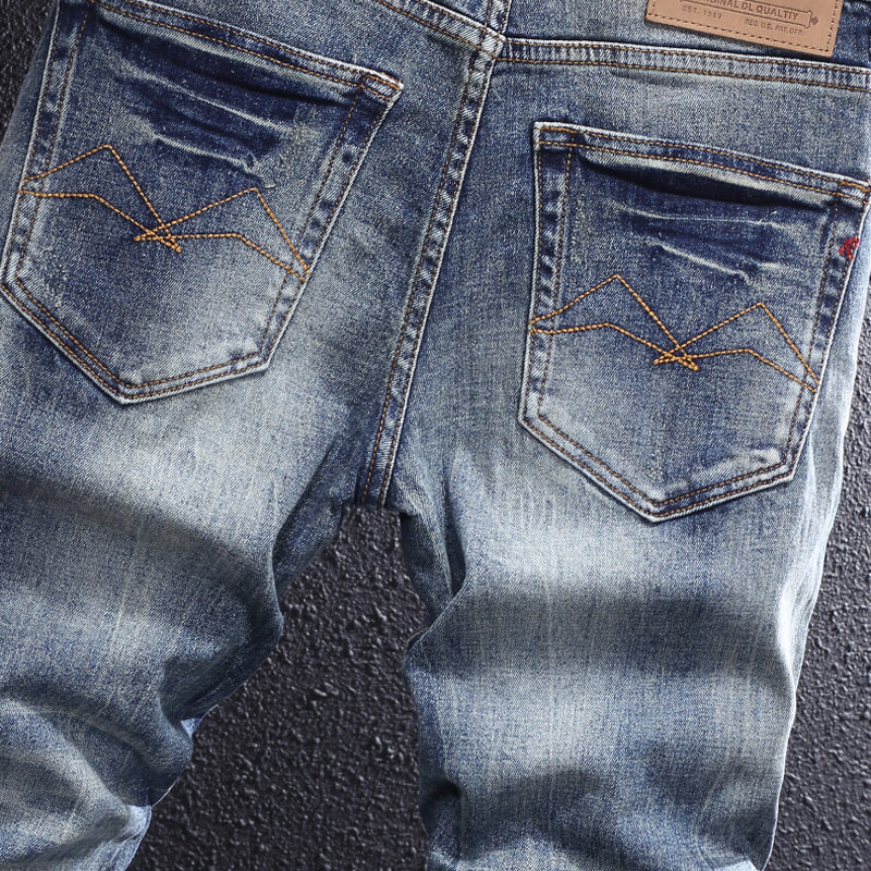 Calça jeans vintage slim fit elástica masculina, calça jeans casual, azul retrô de alta qualidade, designer de moda