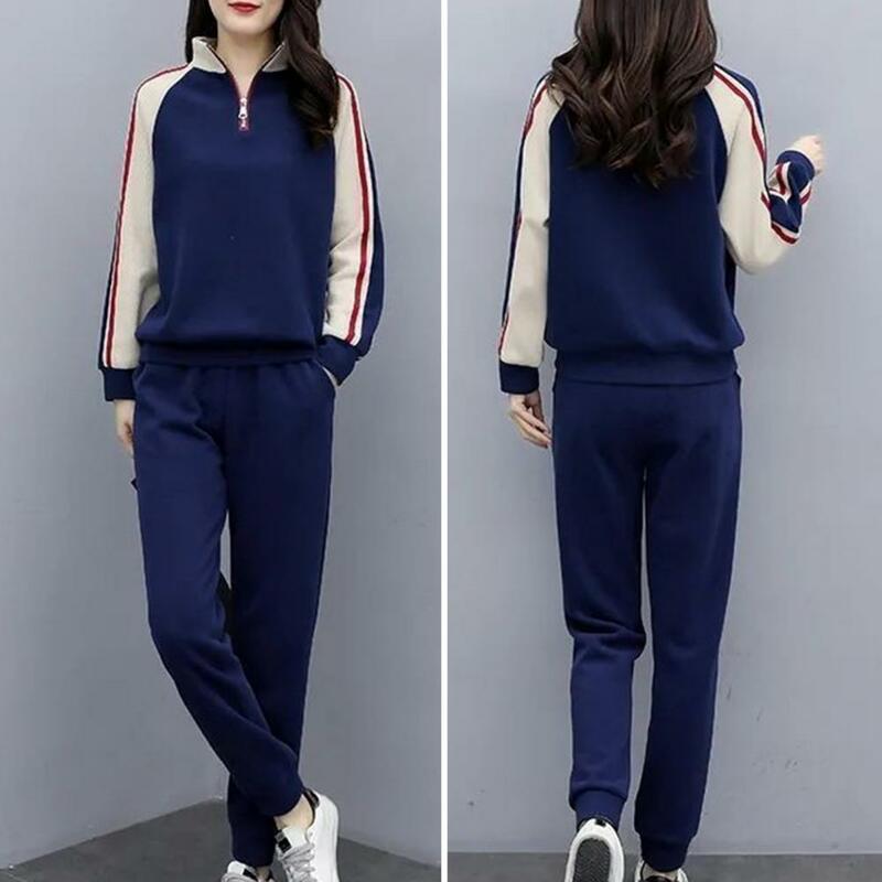 Contrast Color Suit Women's Color Matching Tracksuit Set with Stand Collar Sweatshirt Elastic Waist Pants Cozy Winter for Ladies