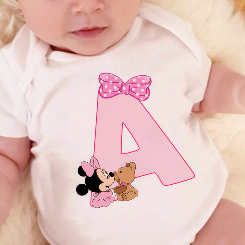 จั๊มสูทผ้าฝ้ายแขนสั้นลายตัวอักษรสำหรับเด็กทารกน่ารักชุดบอดี้สูทลายมินนี่เมาส์ตัวอักษร A B C D E F G