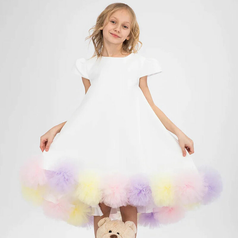 Jill Wish Elegant White Dubai Girl Dress Flowers Kids Children Princess Clothes for Wedding Birthday Holiday Party 2024 J234