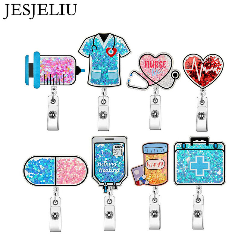 JESJELIU 1 Piece Crystal Acrylic Retractable Nurse Badge Holder Glitter Quicksand Needle ID Card Holder Layard Doctor Badge Reel