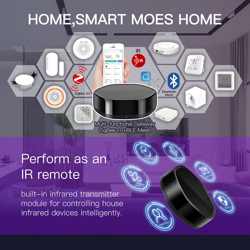 Tuya Smart Home WiFi 2 em 1 Multifunções Sem Fio, BLE Mesh, Gateway ZigBee com Controle Remoto IR 38K, Via Alexa e Google Home