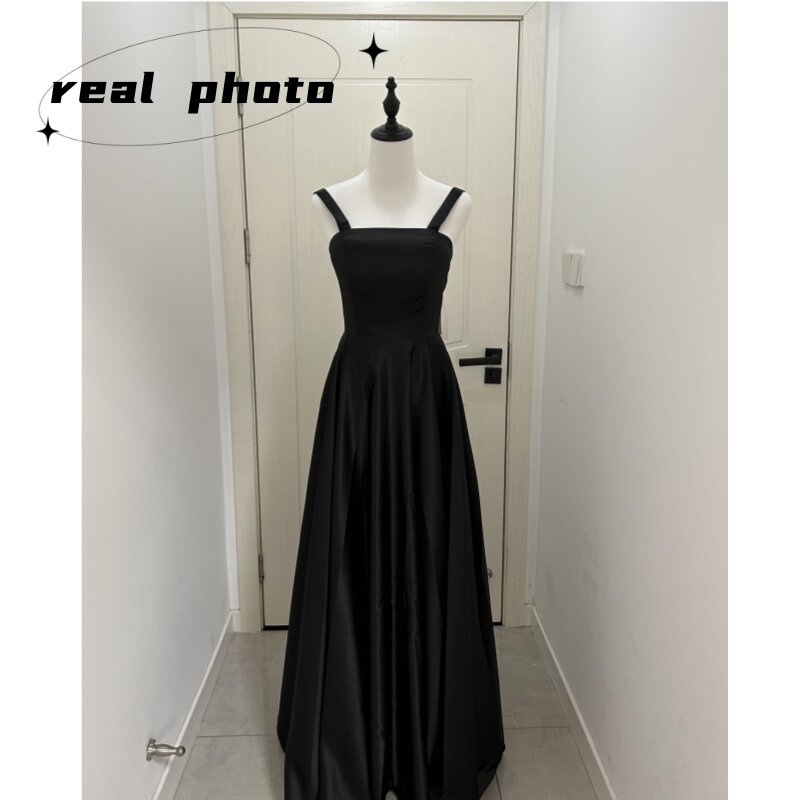 2023 nowe suknie ślubne w linii mody paski Spaghetti sięgające do podłogi suknia ślubna czarne satynowe proste eleganckie Vestidos De Novia