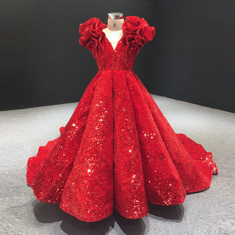 붉은 꽃 소녀 드레스, 웨딩 볼 가운, 브이넥 캡 슬리브, 스팽글 스파클, 긴 소녀 미인 대회 드레스, 어린 아이 아기