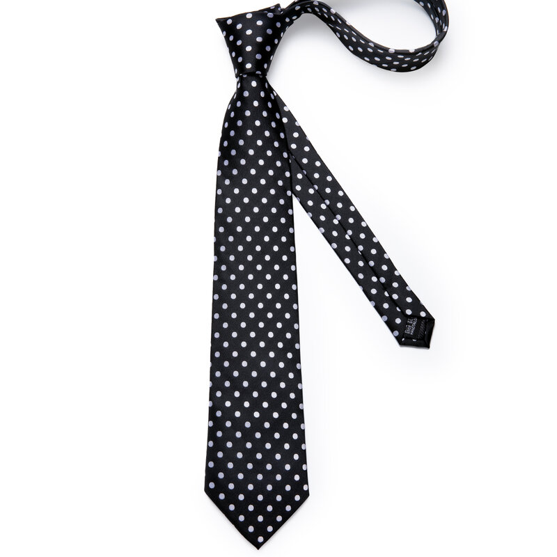 สีขาว Dot Black Silk Ties สำหรับผู้ชายธุรกิจงานแต่งงาน8Cm ผู้ชายคอ Tie Pocket Square Cufflinks ผู้ชายตกแต่งเครื่องแต่งกายของขวัญ