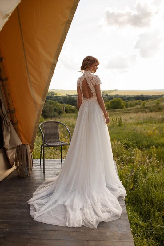 Bohemian Lace Tulle High Collar A-line Wedding Dress Boho Backless Short Sleeve Vintage Bridal Gown Elegant Vestido De Novia