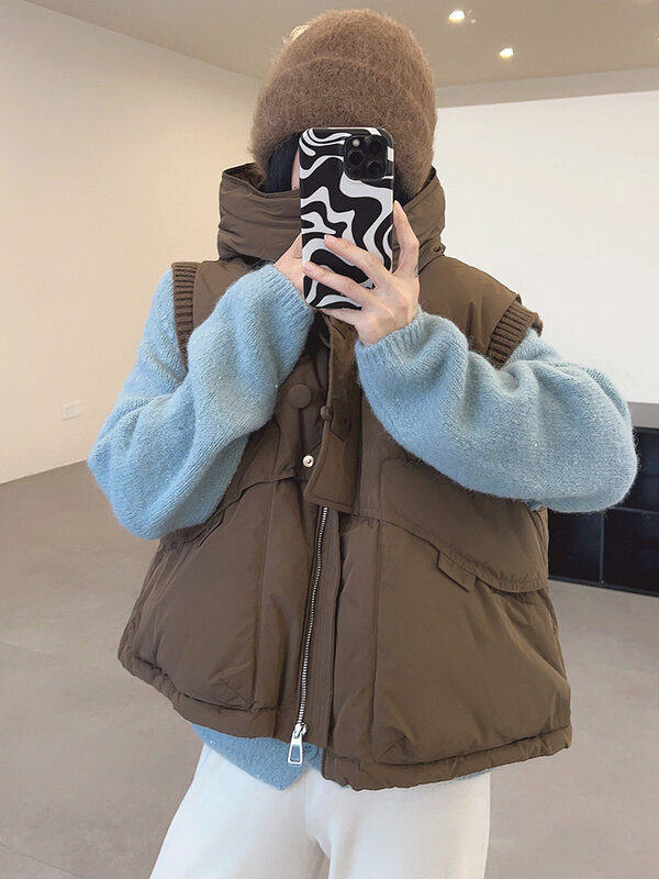 ENjoyce 2023 inverno donna Vintage felpa con cappuccio corto 90 anatra leggero piumino piumino stile coreano cappotti senza maniche