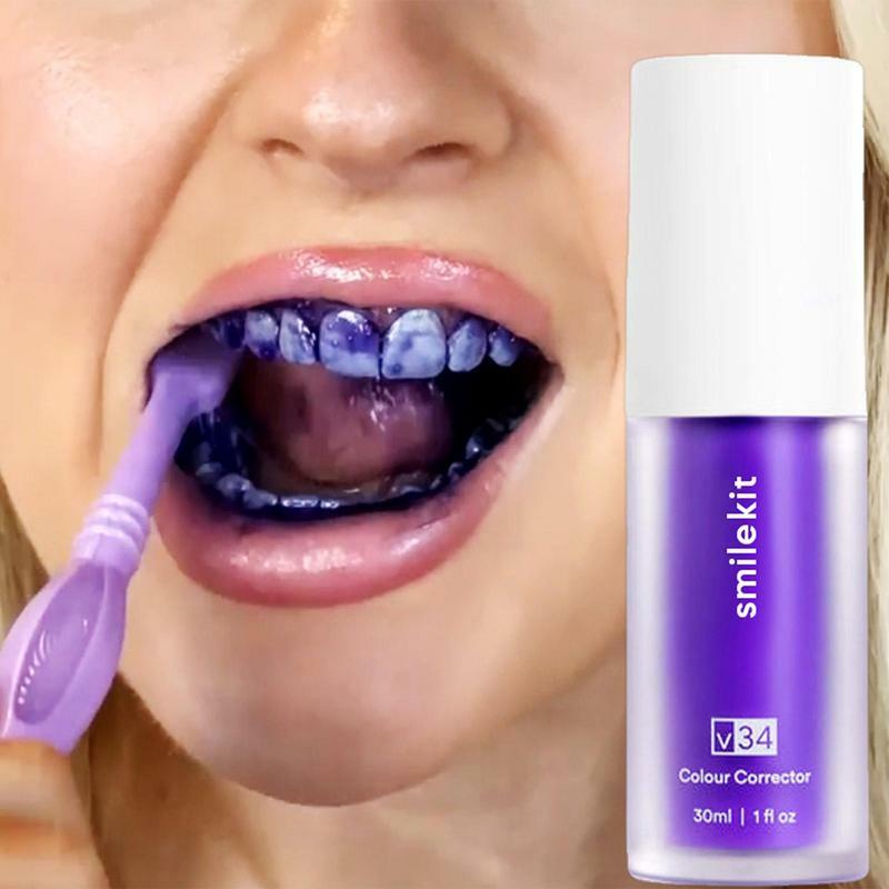 Pasta de dientes blanqueadora púrpura V34, 30ml, elimina manchas, Reduce el color amarillo, cuidado de encías dentales, aliento fresco, ilumina los dientes
